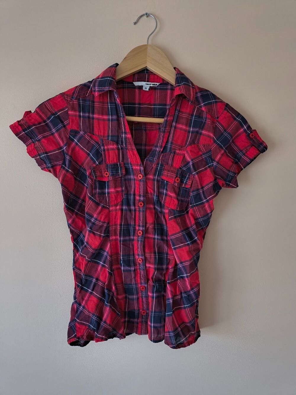 Tally Weijl Women's 34 Red Plaid Cotton Button Up Shirt Roll Tab Sleeves